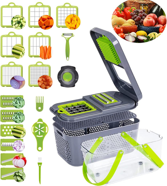 22-in-1 Vegetable Chopper with Container | Onion Cutter, Slicer & Grater with Basket