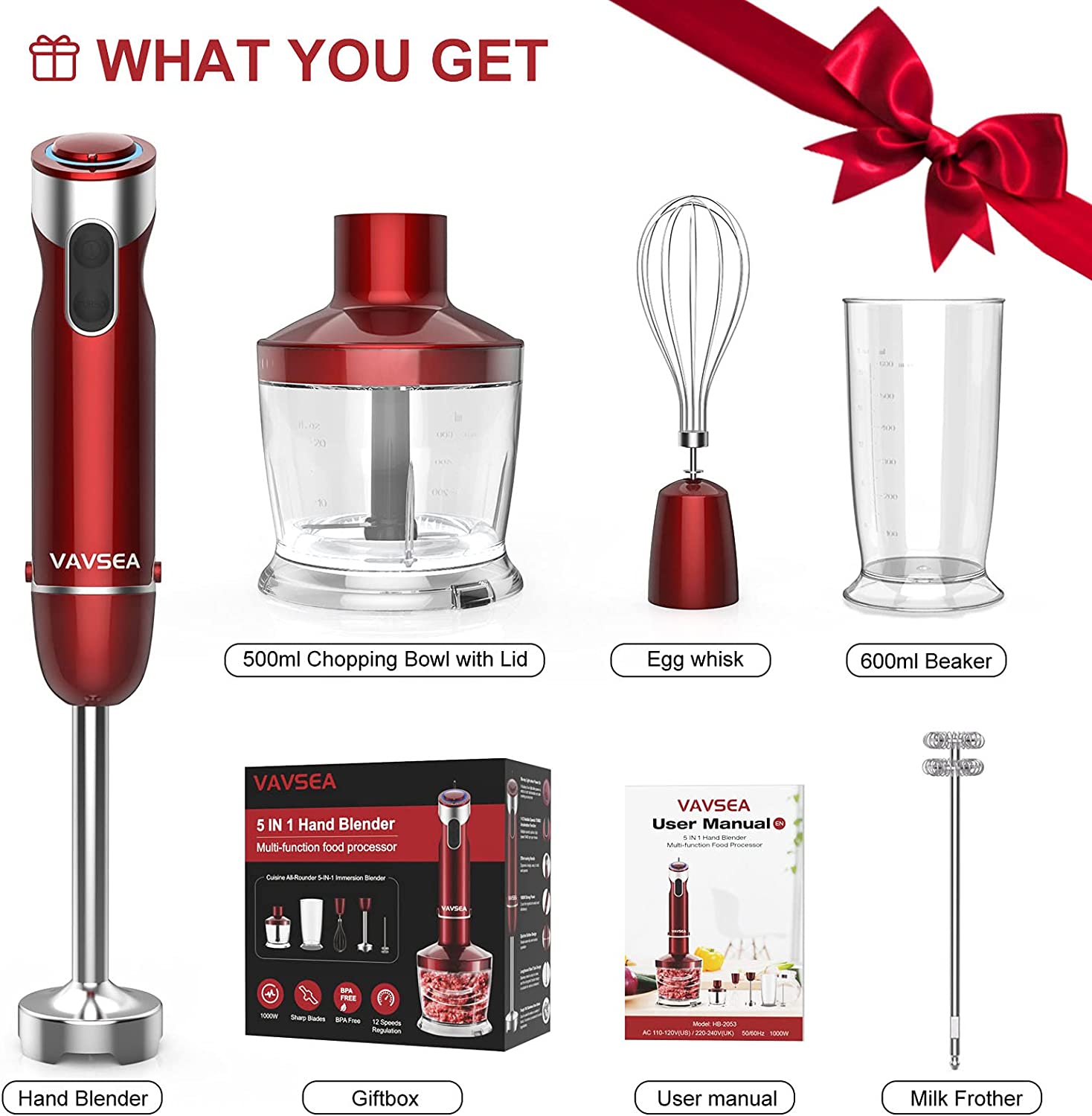 VAVSEA 1000W 5-in-1 Immersion hand Blender, (Red, Stainless Steel) - BB:USA