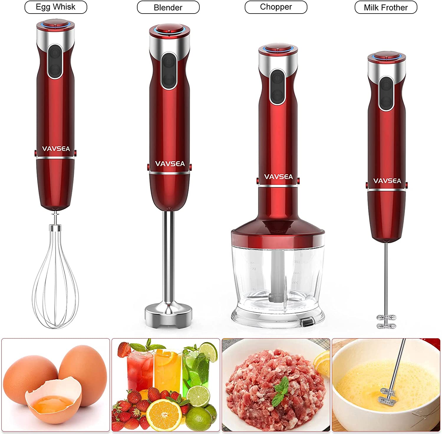VAVSEA 1000W 5-in-1 Immersion hand Blender, 12 Speed Stick Blender with  Mixing Beaker (22oz) 304 Stainless Steel with Chopper Bowl, Milk Frother,  Egg